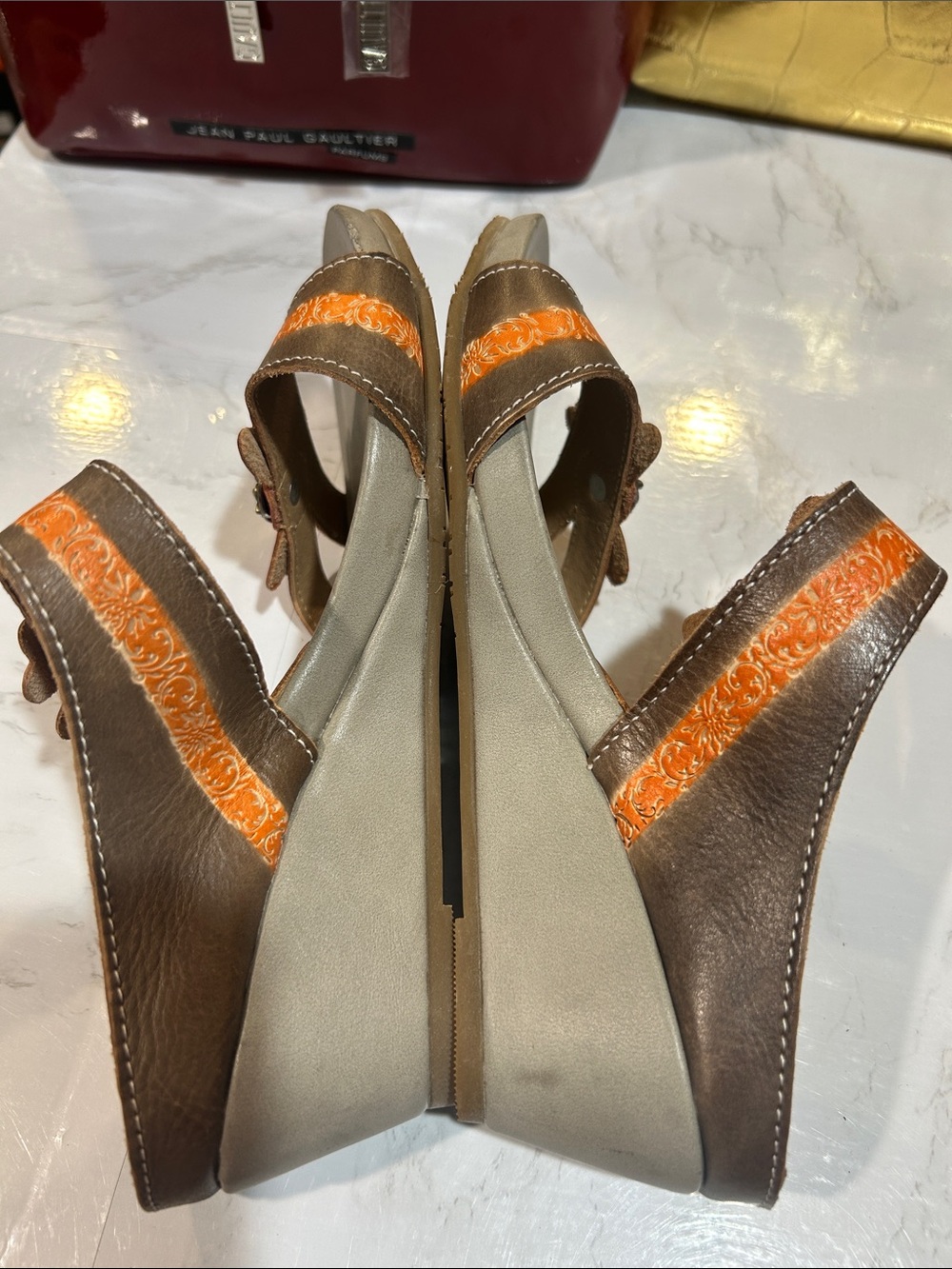L' artiste Spring Step Brown Slide Sandals with Orange and Pink Floral Accents - Picture 7 of 10